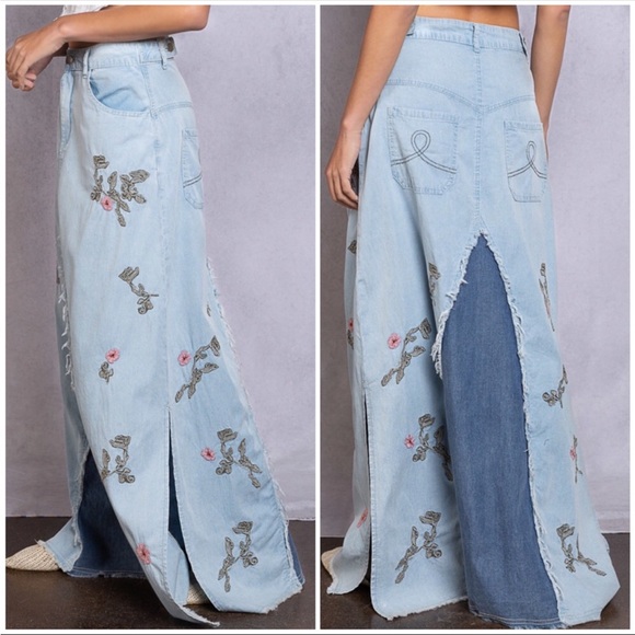 FLOWER CHILD Bohemian Long Denim Maxi Skirt - Picture 4 of 15